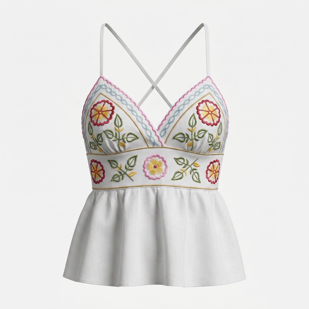 Tres Chic Embroidered Floral Peplum Cami‎ S White Boho Cottagecore Summer Top